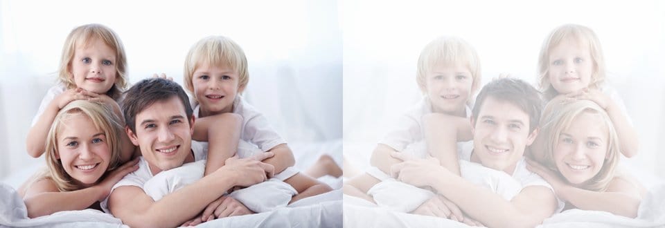 two images of happy family smiling, left solid, right with translucent filter