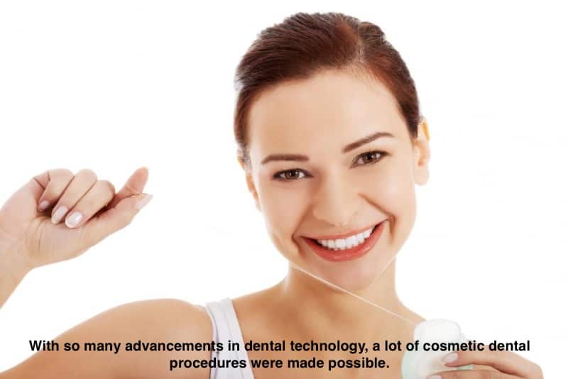 happy woman pulling floss from the box that has floss in it, smiling. text reads: "with so many advancements in dental technology, a lot of cosmetic dental procedures were made possible."